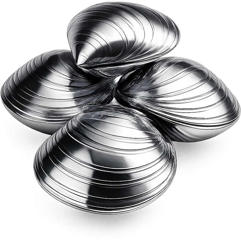 cluster of chrome clam shells, stacked and reflecting light, in chrome style emoji