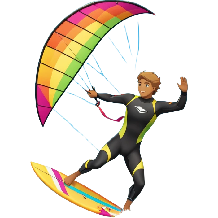 A kite surfer gliding across the ocean, with a colorful kite soaring high in the sky and the surfer carving through the waves. The scene captures the energy and freedom of the sport, with the sun shining and the ocean's waves splashing around. emoji