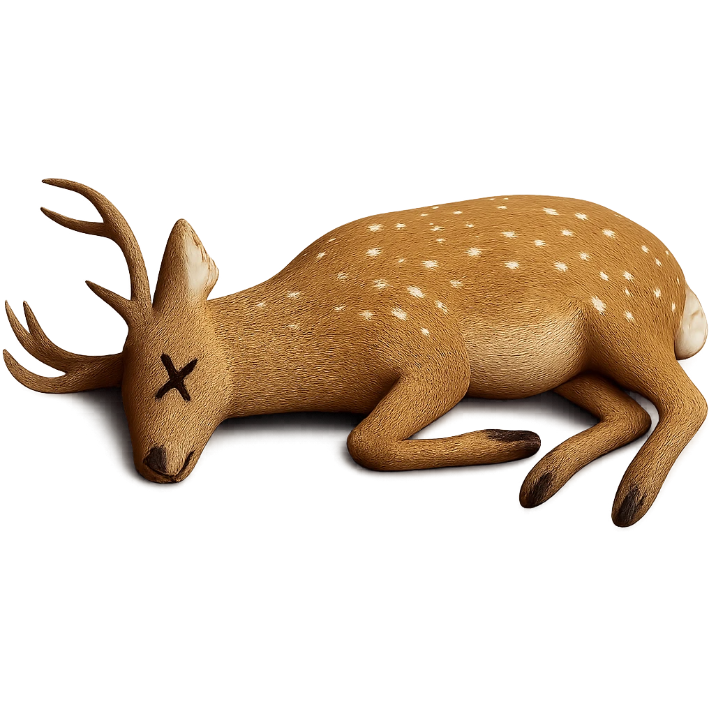 Add cartoon X's over the eyes to indicate the deer is dead, keep the rest realistic, no background. Maintain the realistic style of the deer while adding the cartoon X's over the eyes as a clear dead indicator. emoji