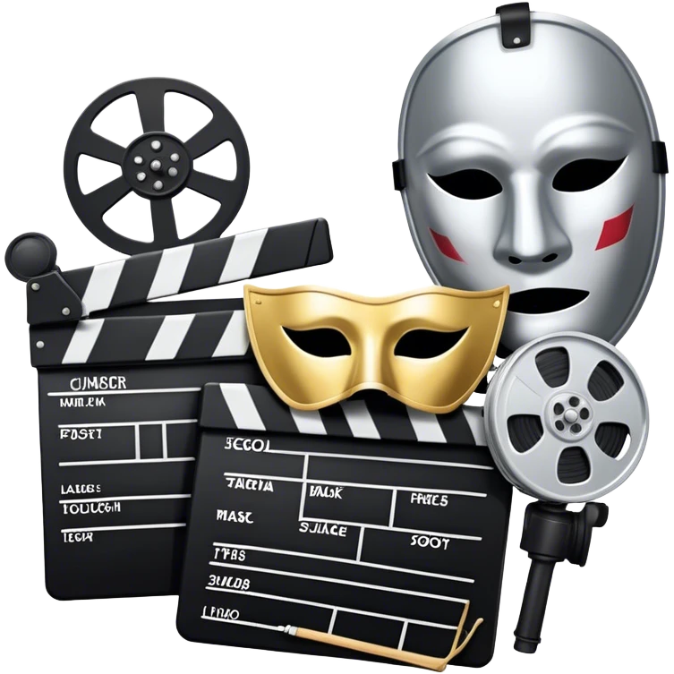 Icon for Acting in Theater and Movie: a stage with a spotlight and cinema, a film camera, a clapperboard and a dramatic mask. The design should represent both theatrical performance and cinematic art. Transparent background. emoji