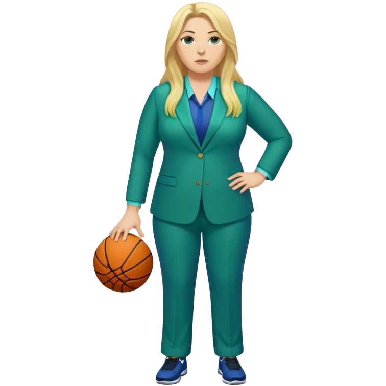 Full Body white plus size female basketball head coach with long blonde hair in a blue and green suit emoji