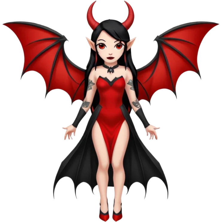 Full red-skin demon girl (entire body red), long black hair, small red horns, pointed ears, single bat wing, black open-back dress, bold tattoo-flash comic linework, red/black/gray, dark background, no text. emoji