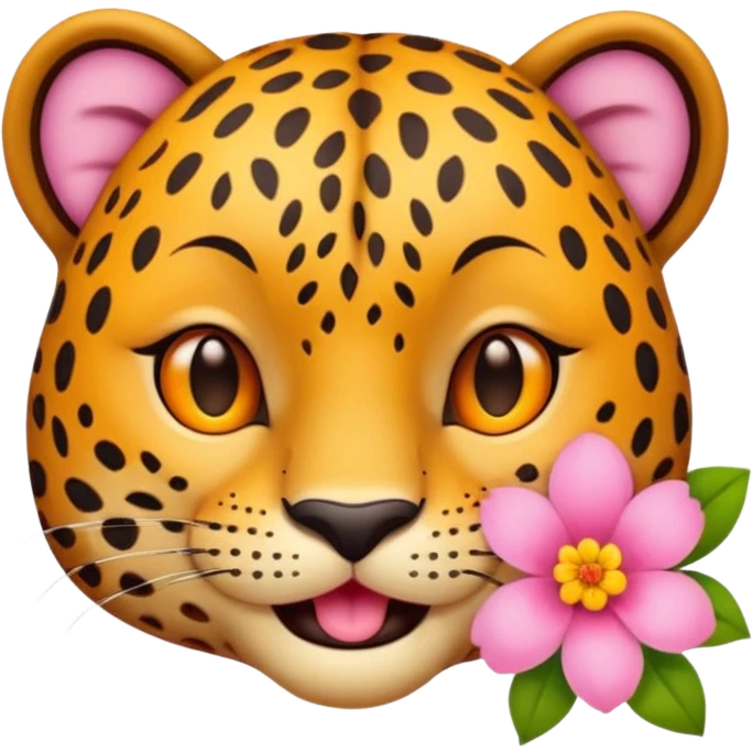 A leopard with smile and mouth closed, A pink flower with a yellow center is tucked behind its right ear
 emoji
