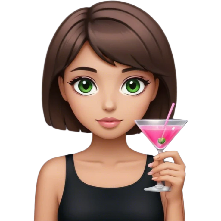 light brunette short hair girl black top holding a pink cosmo dark green eyes emoji