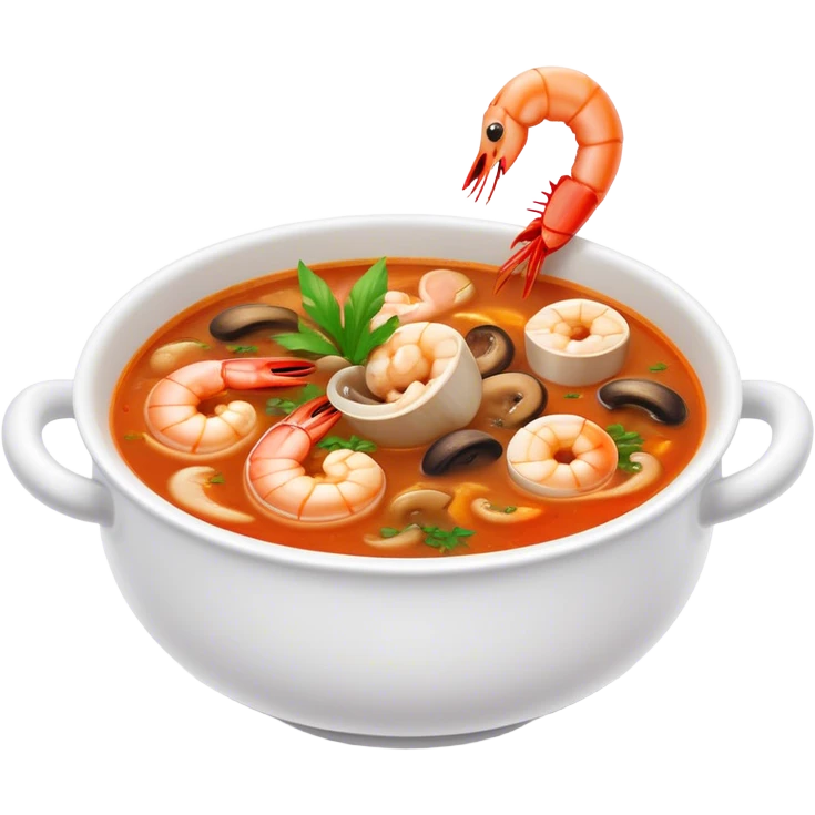Cinematic Realistic Tom Yam Kung Soup Dish Emoji, showcasing a spicy, sour shrimp soup with herbs and mushrooms rendered with lifelike textures and bold, dynamic lighting. emoji