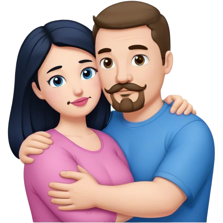 Tall strong white man with brown mustache goatee wearing blue hugging a chubby short pale woman with long black hair wearing pink emoji