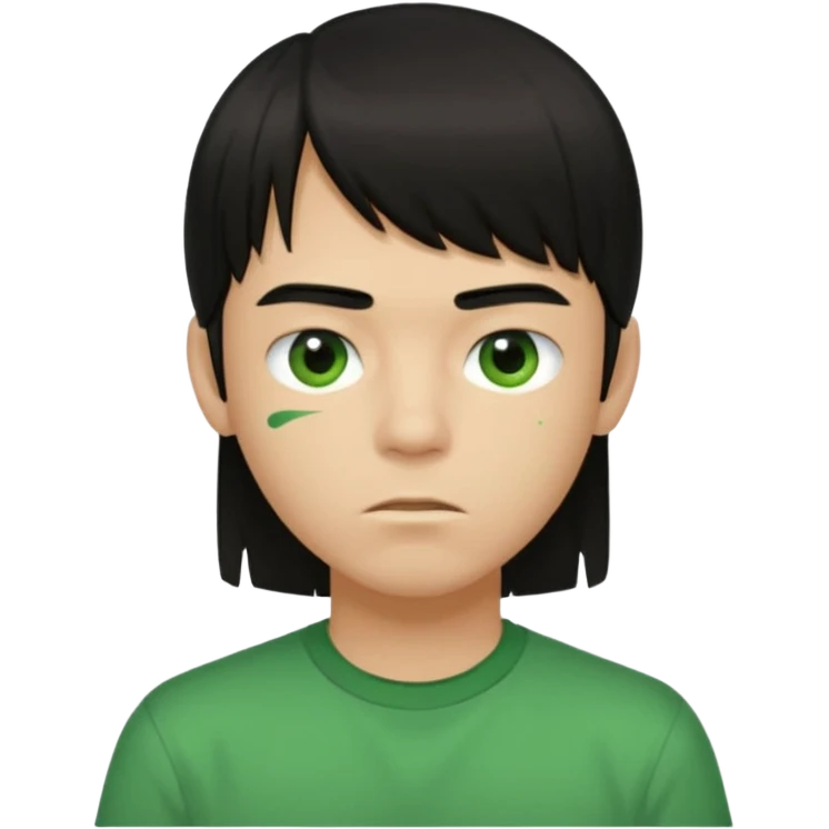 A boy with straight bangs covering his eyebrows, long hair at the back, black eyes, and brownish-black hair, wearing a green shirt the color of brilliant green antiseptic. emoji