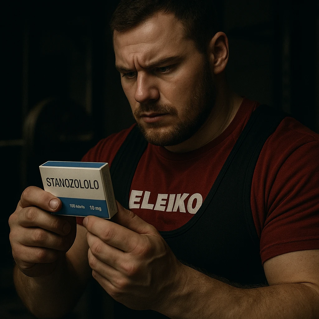European powerlifter in competition clothing checking a box of tablets labeled 'STANOZOLOLO', attentive look, private environment, secretive atmosphere, realistic details, gym background emoji
