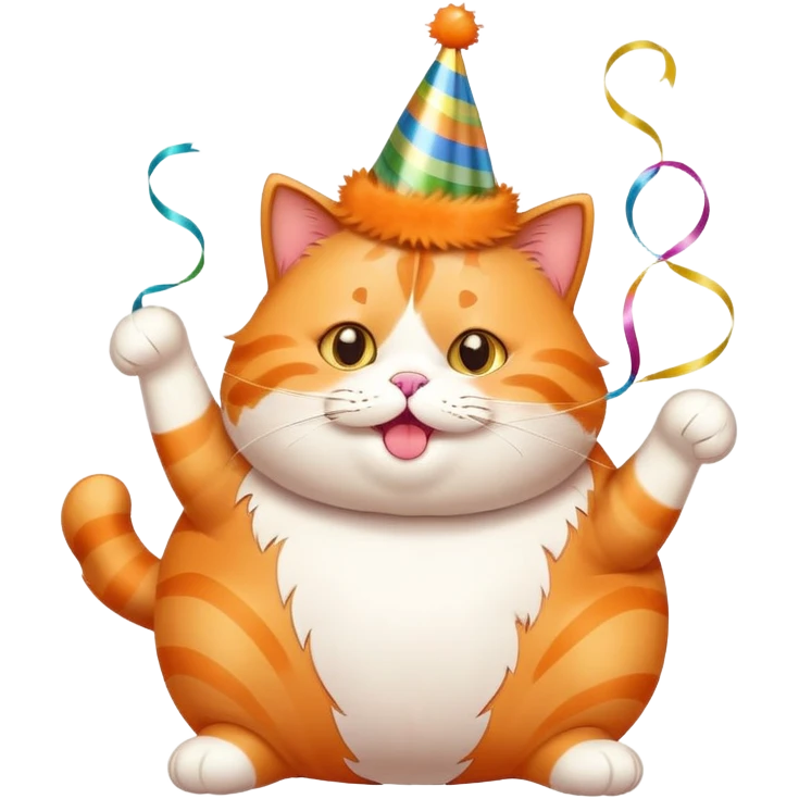 Fat orange cat with birthday hat and streamers emoji