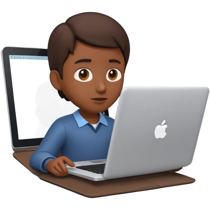 A dark-colored laptop with the screen open. From the screen, a person is emerging, standing or sitting as if giving a lecture or teaching. The person should look expressive and in a teaching pose. Soft shadows, semi-3D Apple emoji style, clean white background. emoji