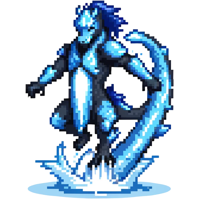 Black ninja water horse with dark blue magical water swirling around it, sharp spikes on its body, battle stance emoji