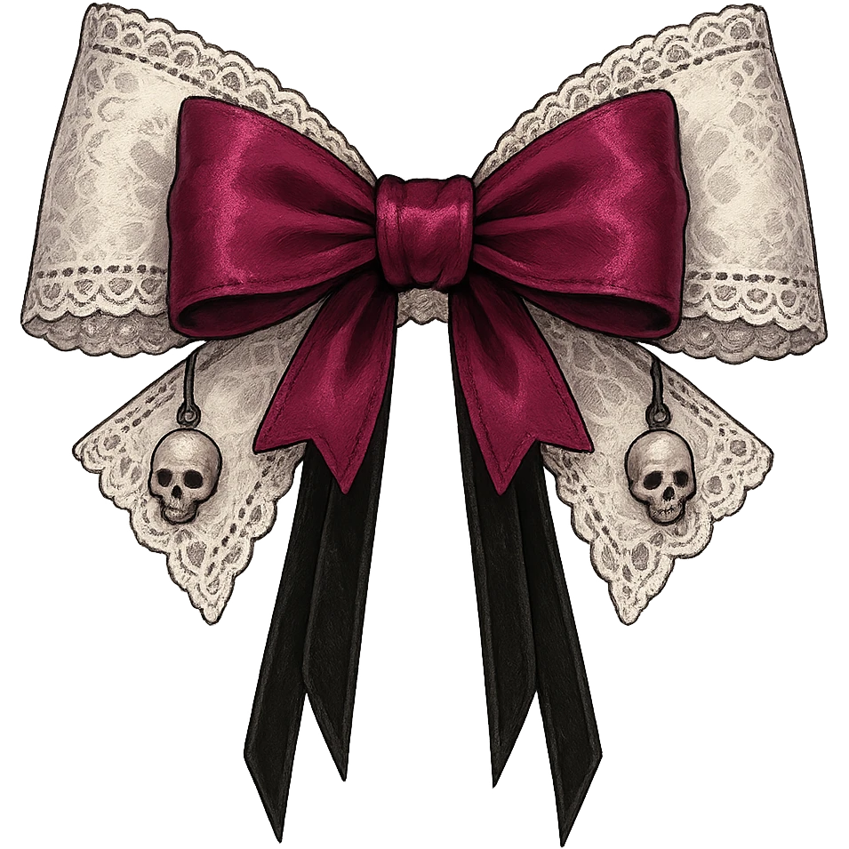 Edit the image to depict a white gothic bow with lace details, dark pink accents, and additional gothic elements such as tiny skull charms and black velvet ribbons. The style should be general to allow flexible editing. Remove the background. emoji