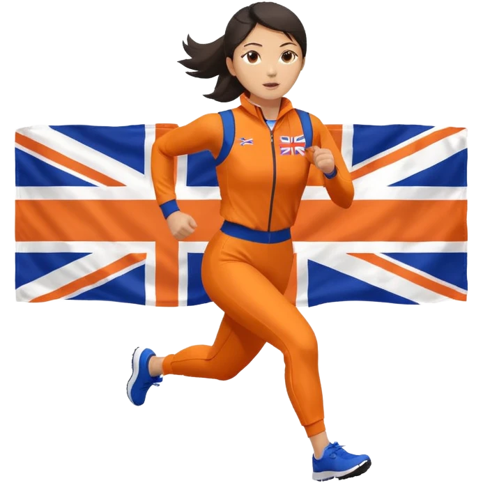 asian woman in orange sport suit and uk flag on the back holding it, running emoji
