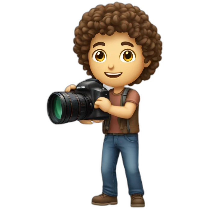 Male Photographer Caucasian curly brunette holding camera emoji