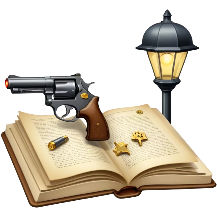 Icon for Action & Crime Reading: an open book with dramatic crime scenes—bullet holes on pages, a detective badge, a revolver and a getaway car. Surrounding elements include a flickering streetlight. Transparent background. emoji