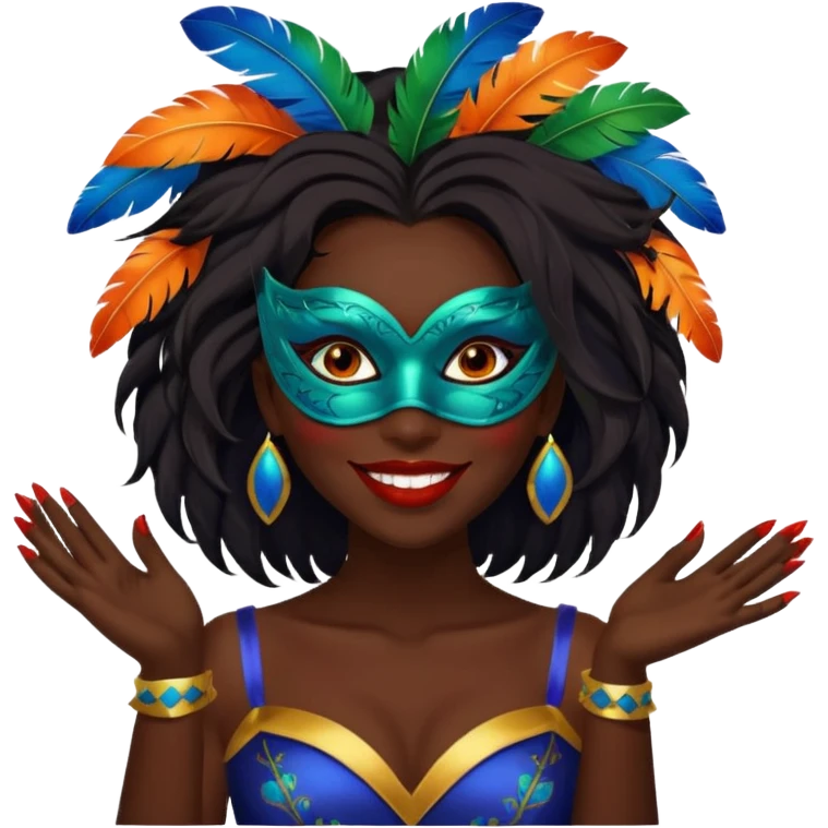 i need the same girl in "dark skin girl, dark red lipstick, nails very beautiful" to be smiling in "carnival mas costume, blue, green and orange preferably, full costume feathers at the back" she is to be smiling, hair should be dark shoulder length, black nail polish on her fingers  emoji
