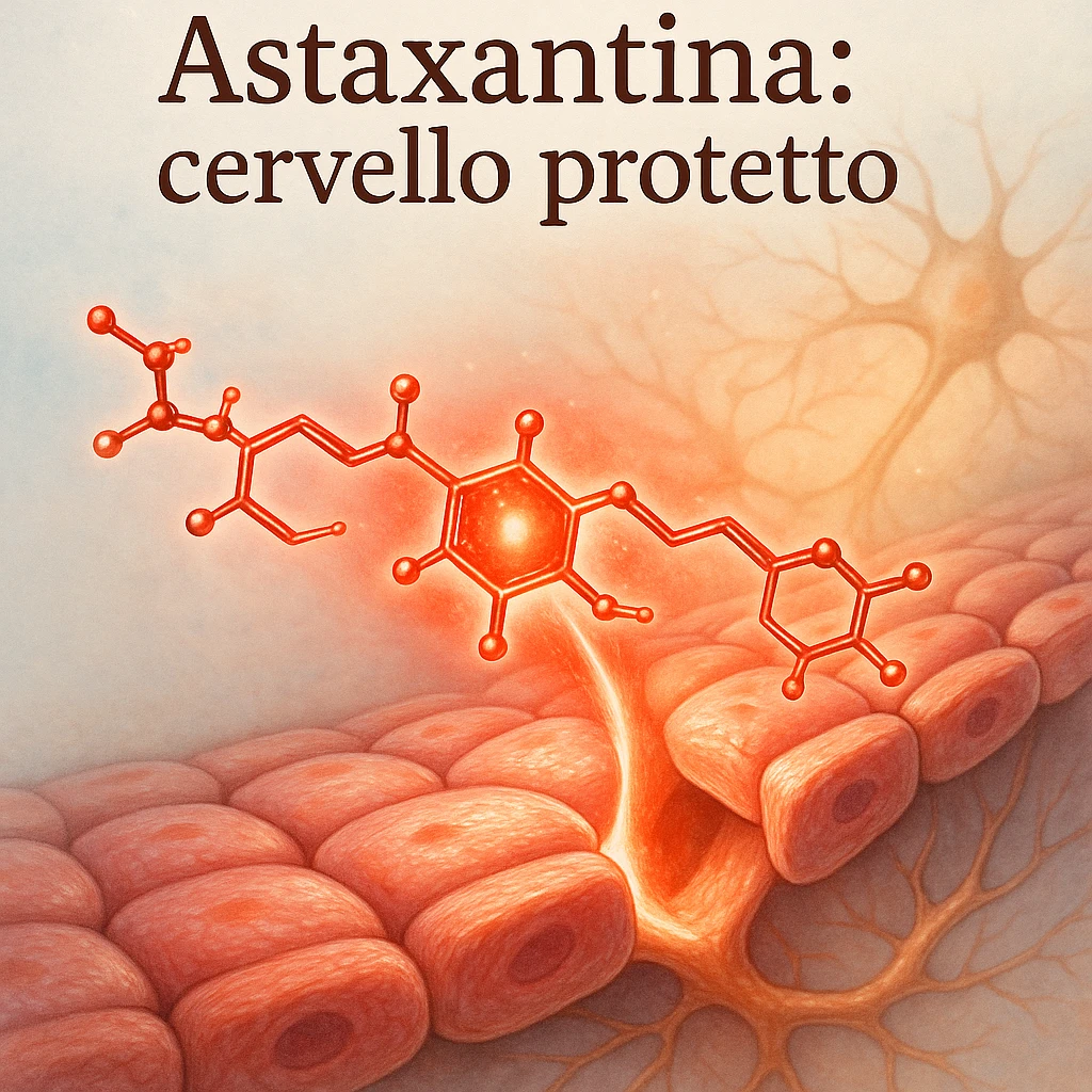 hyper realistic glowing red astaxanthin molecule crossing a stylized blood-brain barrier, positive atmosphere, realistic details, with text 'Astaxantina: cervello protetto', light background emoji
