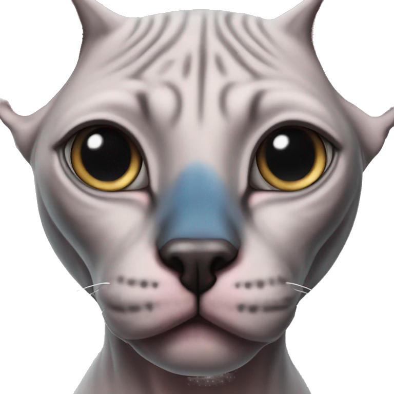 Pink and grey sphynx cat with blue eyes and black nose emoji