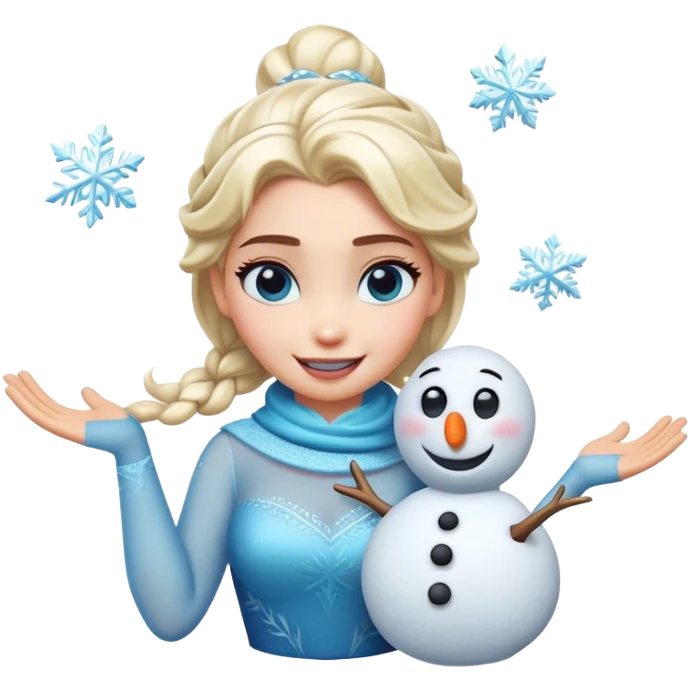 Cinematic Funny Elsa Portrait Emoji, Making a tiny snowman in her hands with a proud grin, looking smug as it dances, an unexpectedly hilarious moment of icy creativity! emoji