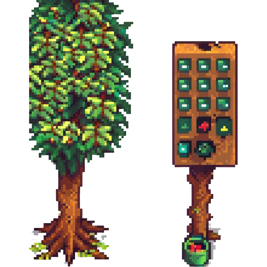 A tree with configurable settings and parameters depicted as interactive sliders and buttons emoji