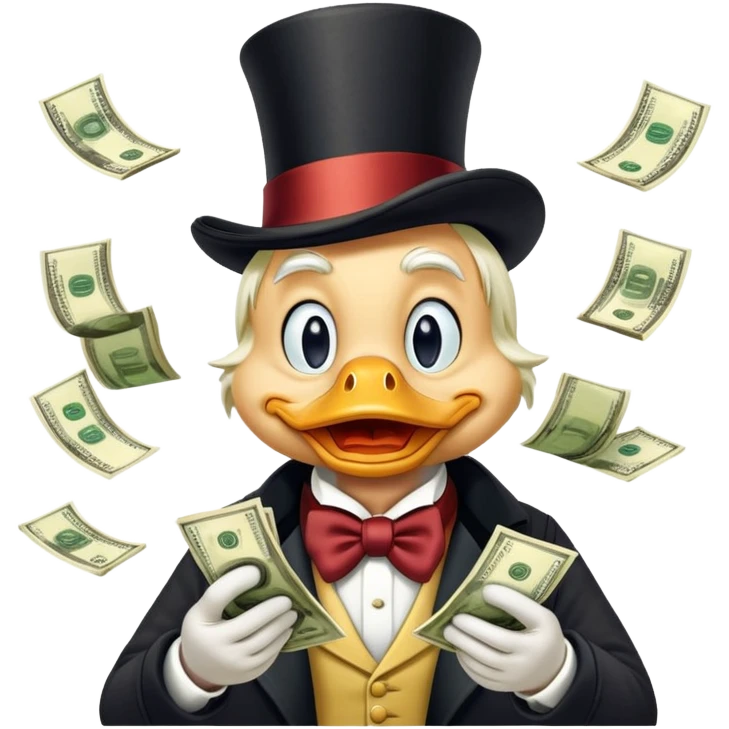 Scrooge McDuck counting money, rich duck character with top hat emoji