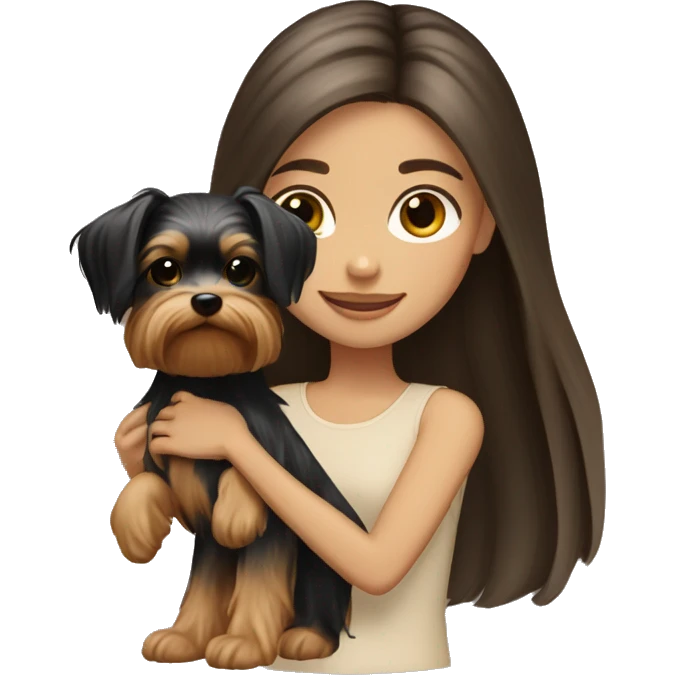 Brunette long hair light tan girl with beige and black yorkie puppy emoji