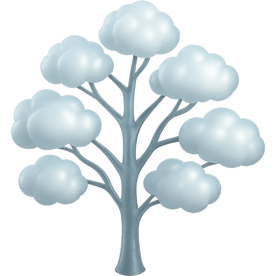 one tree with many branches and a white trunk, crown made of small very bright white fluffy convex clouds, matte glass style emoji