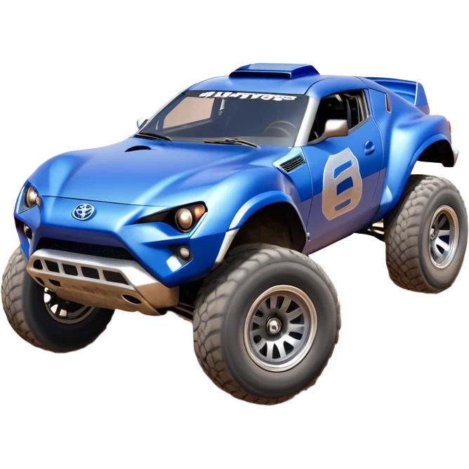 Satan’s evil night blue Dirty and dented Local Motors Rally Fighter off road race car hot rod meets 2013 Toyota 86 trophy truck-style basher flying on a dusty road (silver wheels) emoji