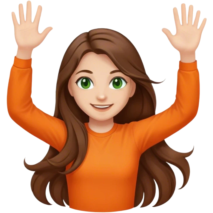 smiling girl with long brown hair, middle hair split, waving, green eyes, orange shirt emoji