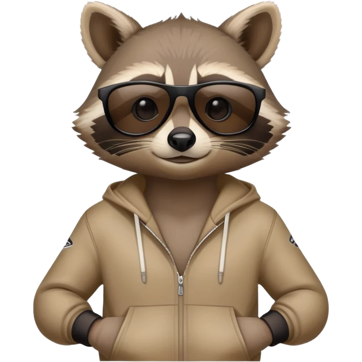 friendly anthropomorphised raccoon in sports wear, wearing dark sunglasses, relaxed pose, mafia style emoji