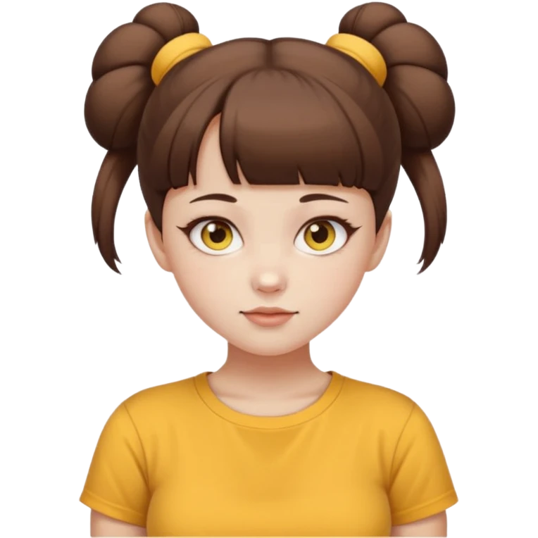 beautiful girl with brown hair with up twin buns style only, straight bangs, yellow eyes, milk brown tshirt, white skin, her body is a little fat  emoji