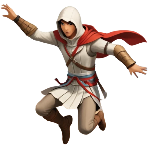 An icon featuring a hero performing a leap of faith from a tower in Florence, inspired by adventure games like Assassin's Creed. The design captures the dramatic moment mid-air, with detailed architecture and a bustling city below. Transparent background emoji