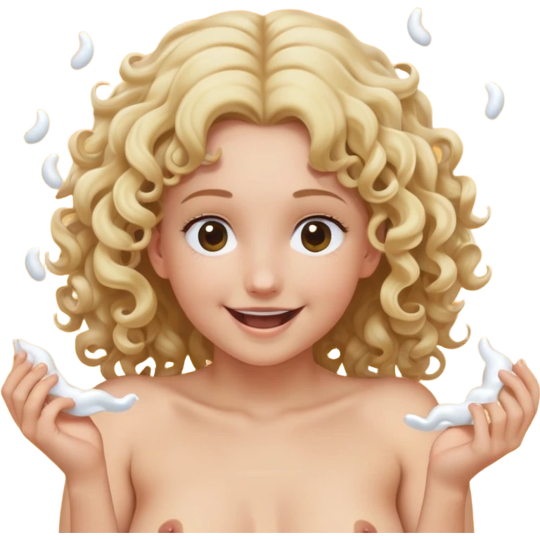 In front of us lies a completely naked young girl with curly blonde and half-length hair, we see her head and her naked tits, she squeezes her naked tits and between these tits is a dick men. The girl is covered in sperm, she is smiling, there is sperm in her mouth emoji