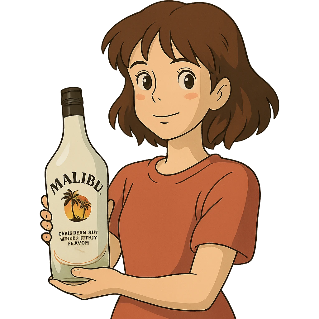 ghibli style young woman holding a bottle of Malibu emoji
