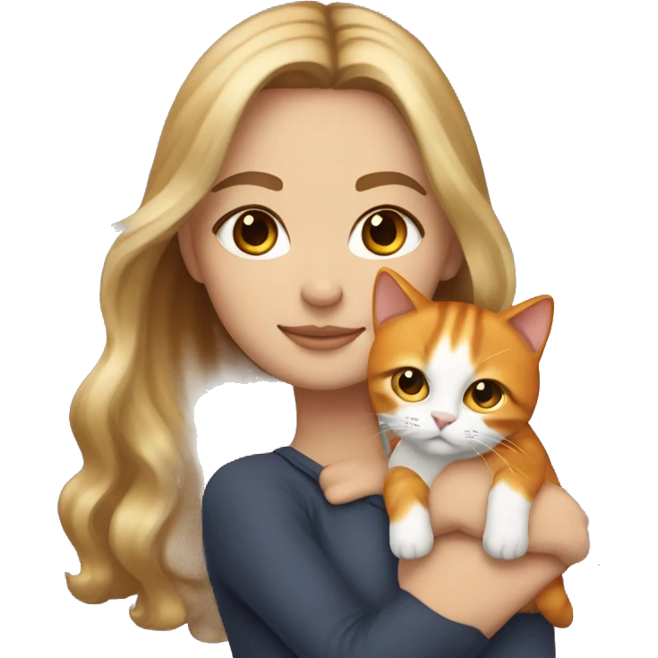 White girl with blonde balayage and brown eyes holding an orange cat emoji