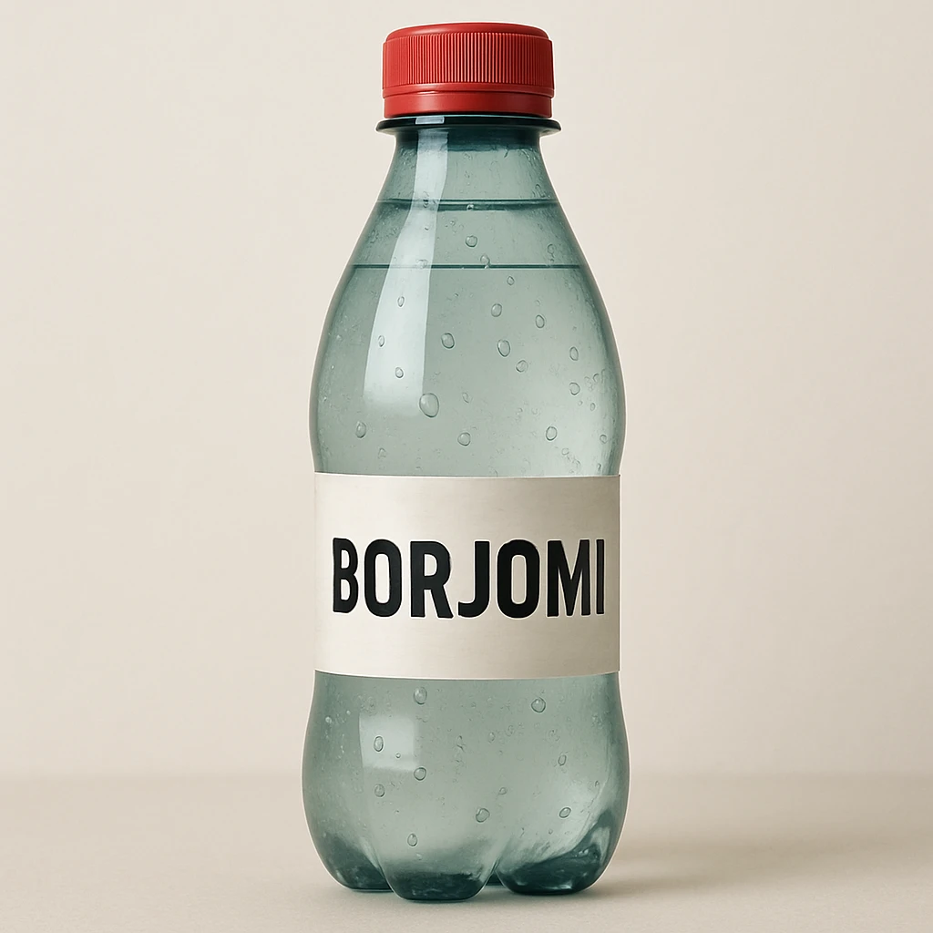 Borjomi water bottle emoji with a different label, variation 4, more realistic emoji