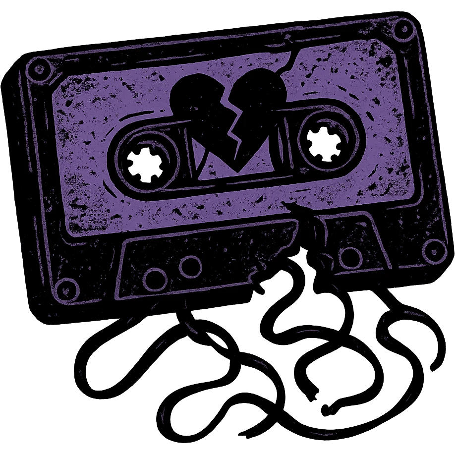 emo style black and purple broken cassette tape, no background emoji