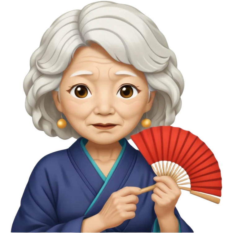 japanese culture old woman with white wavy hair and wrinkles holds a fan to cover her face emoji