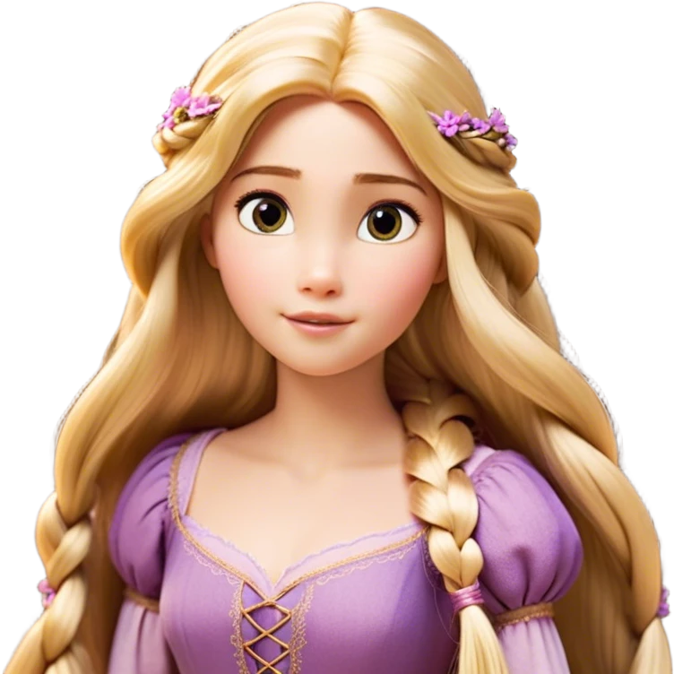 Cinematic Realistic Rapunzel Portrait, with porcelain-like skin featuring a subtle, natural glow, illuminated by soft lighting that brings out the gentle contours of her face. Her long, golden blonde hair cascades in detailed waves, each strand highlighted with a radiant shimmer as it catches the light. She playfully holds a flower in one hand, her other hand resting casually in her lap, with a warm and spirited expression. Her bright, expressive green eyes exude curiosity and warmth, framed by delicate lashes and soft, arched brows. She is dressed in her classic lavender and pink gown, the fabric textured with delicate folds that flow naturally, catching the light with a soft, radiant glow. The portrait captures a luminous, enchanting aura, seamlessly blending realism with a whimsical, fairytale charm, evoking a timeless sense of beauty and magic. emoji
