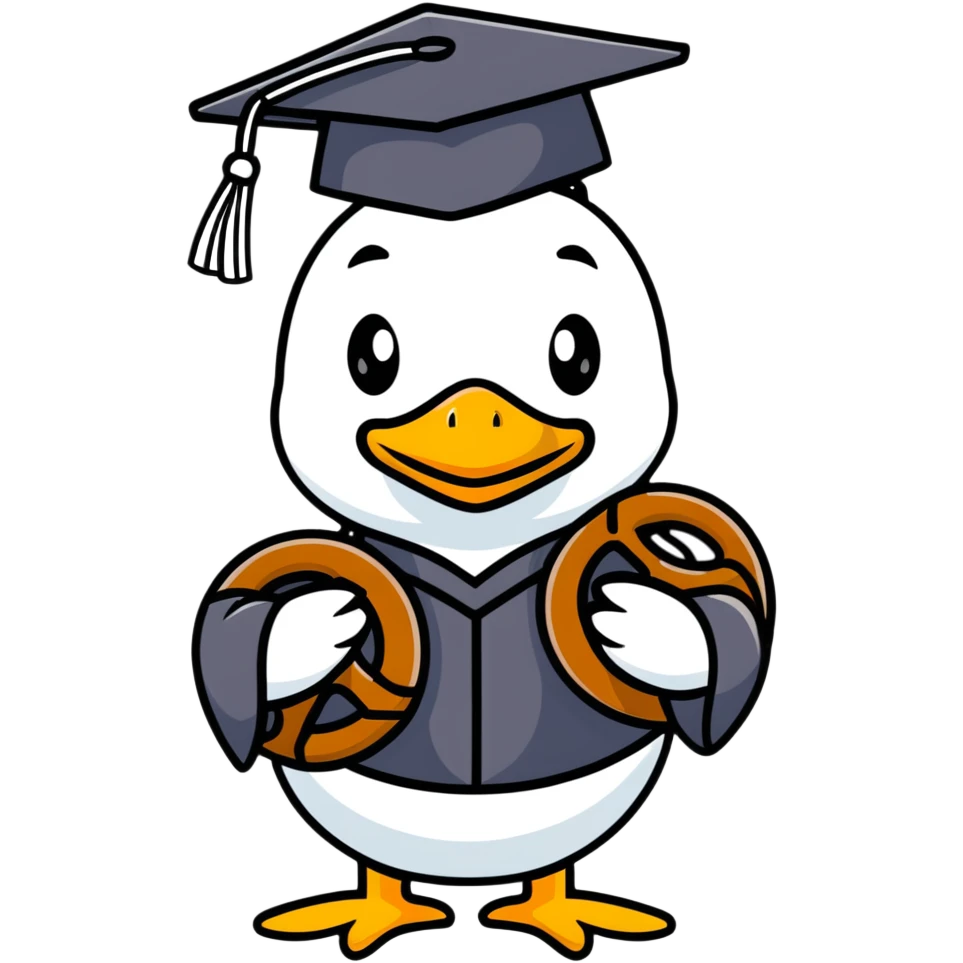 duck with bread graduation cap holding a pretzel emoji