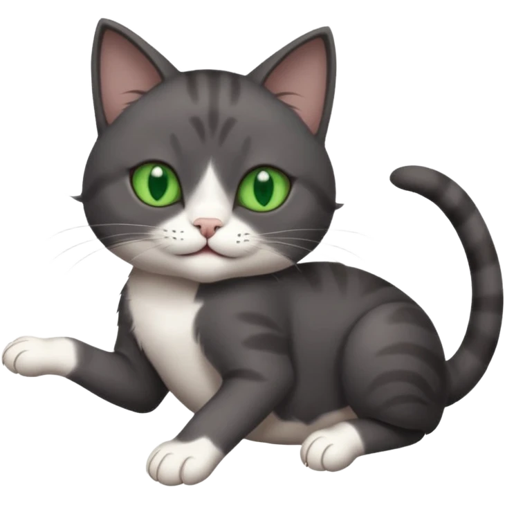 dark grey cat with green eyes, white toes/paws and white patch on her chest playfully rolling upside down emoji
