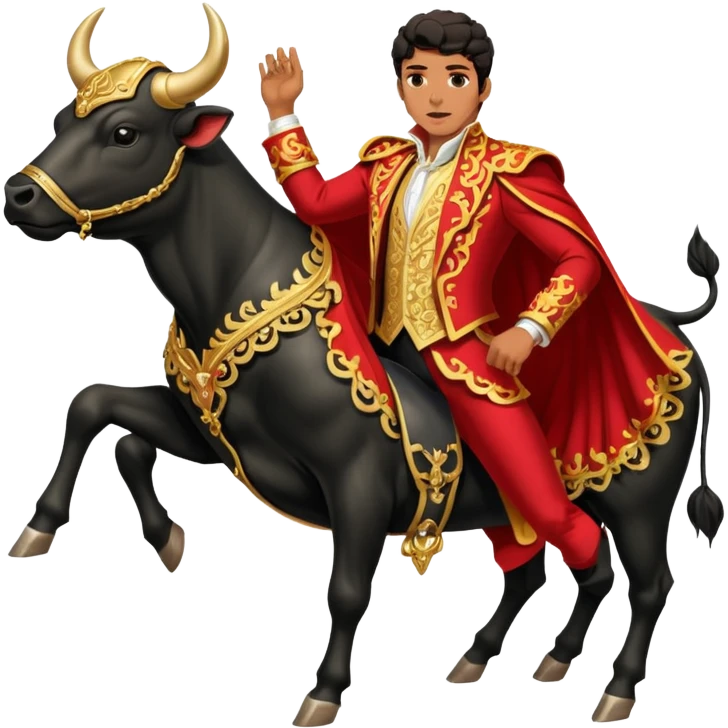 Create a realistic image of a traditional bullfighting scene in a Spanish arena.
Show a bullfighter (matador) in an ornate, gold-trimmed suit holding a red cape (muleta) as a powerful black bull charges toward it. emoji
