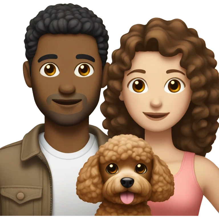 A couple consisting of white woman with straight dark hair and a mixed race man holding a toy poodle light brown color emoji