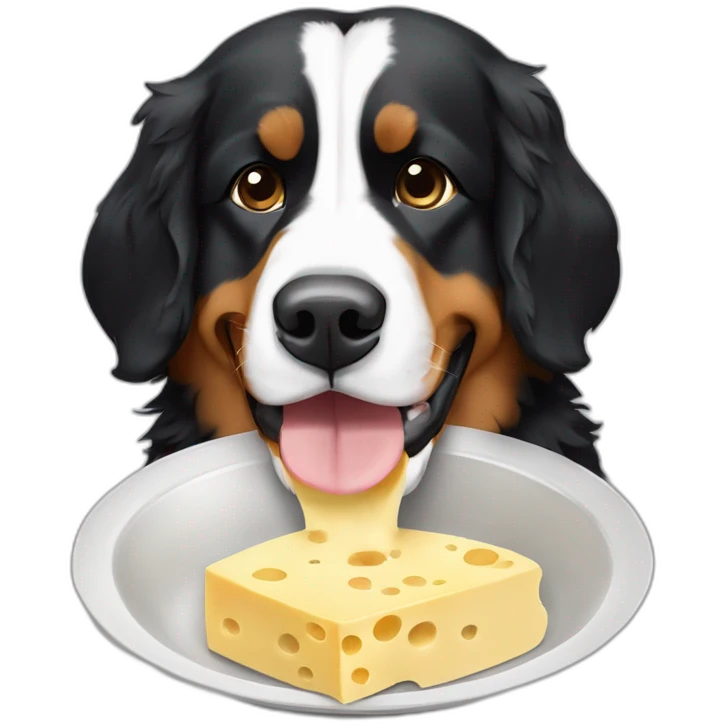 Bernese mountain dog eating a swiss cheese fondue emoji