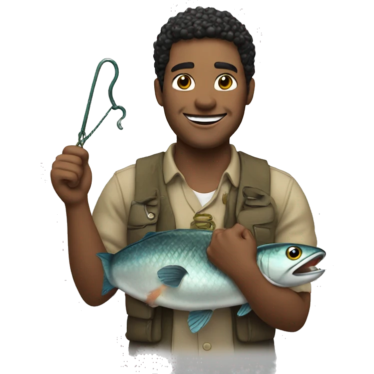 smiling and holding fishimg hook in his hands emoji