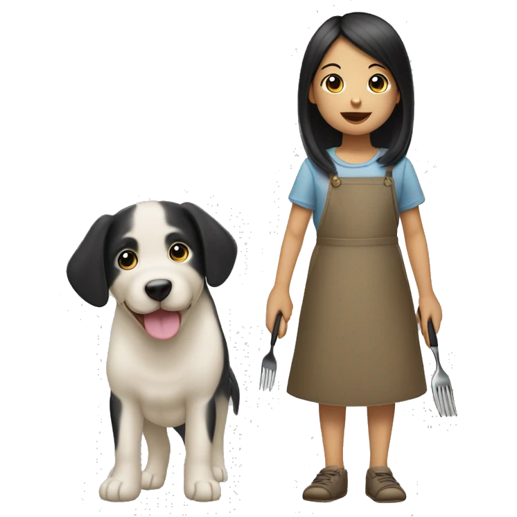 Little girl with long black hair that’s Asian with a fork in one hand and a puppy in the other hand emoji