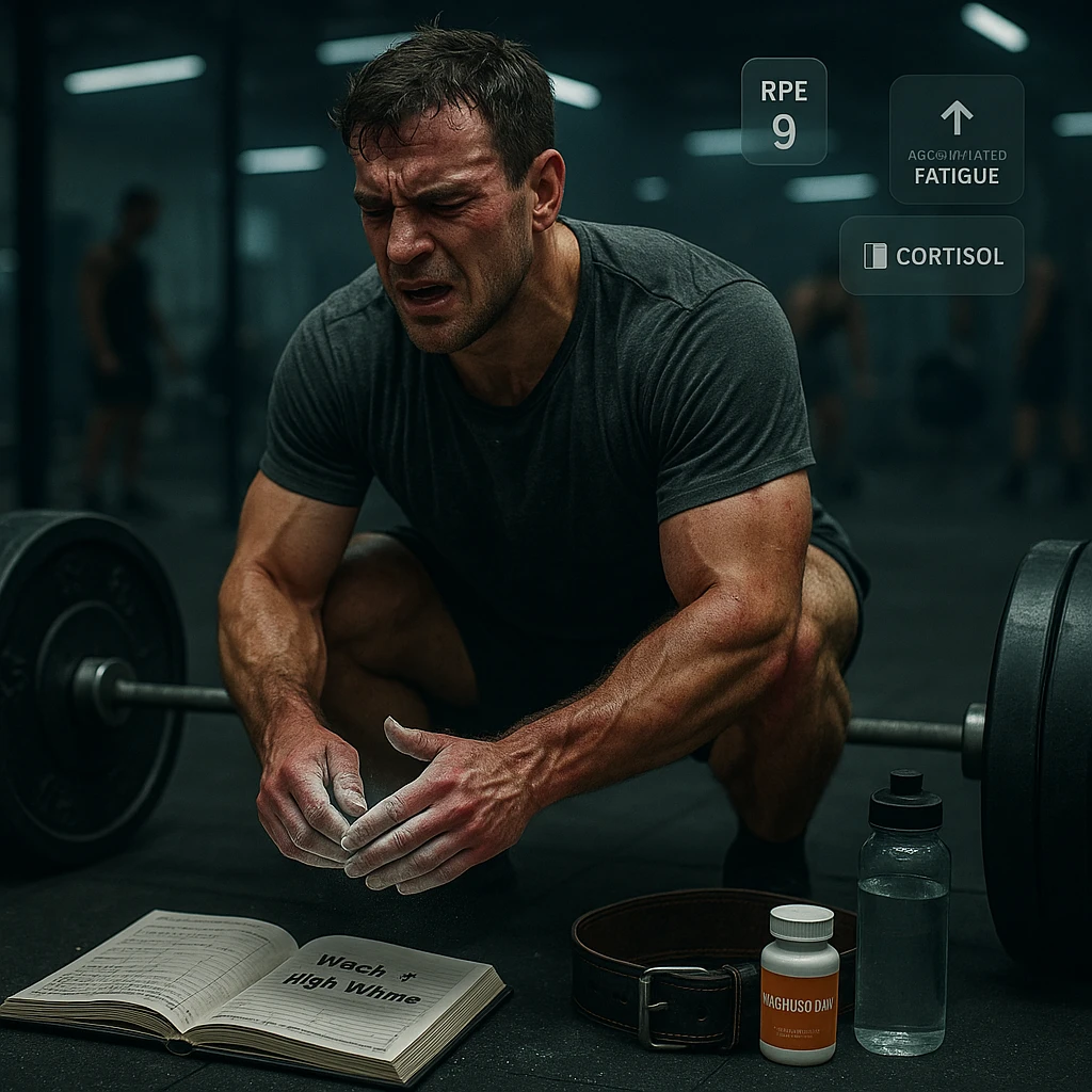 A muscular man in his early 30s, mid-workout in a gym, sweating heavily, expression showing fatigue and strain but still focused. He’s performing heavy barbell squats or deadlifts, with chalk-covered hands, and a visible training logbook nearby showing notes like 'Week 4 – High Volume'. Slight dark circles under his eyes, subtle red irritation around joints and tendons, symbolizing overuse. A water bottle, magnesium supplement, and lifting belt on the floor. Background: a real gym environment with other athletes, slightly blurred. Ambient lighting: cool tones with overhead gym lights. Optional floating icons showing high RPE, accumulated fatigue, cortisol levels slightly elevated. Style: cinematic realism, emotionally intense yet grounded in sports physiology. emoji