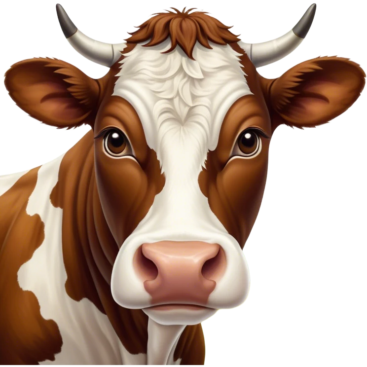 Cinematic Noble Brown and White Cow Portrait Emoji, Poised and regal, with a large, sturdy build and a beautifully patterned hide of rich brown accented by crisp white patches, deep-set soulful brown eyes, Simplified yet sharp and sophisticated features, highly detailed, glowing with a soft, dignified glow, high shine, intelligent and calm, stylized with an air of pastoral majesty, focused and attentive, soft glowing outline, capturing the essence of a watchful and confident bovine guardian, so majestic it feels as though it could amble out of the screen with effortless authority! emoji