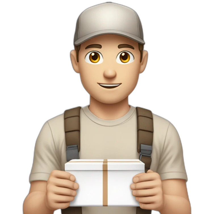Pale skinned fit Man with dark brown hair in a beige cap, gray jeans, brown polo and white T-shirt keeping a pasted with tape white box into his hands emoji