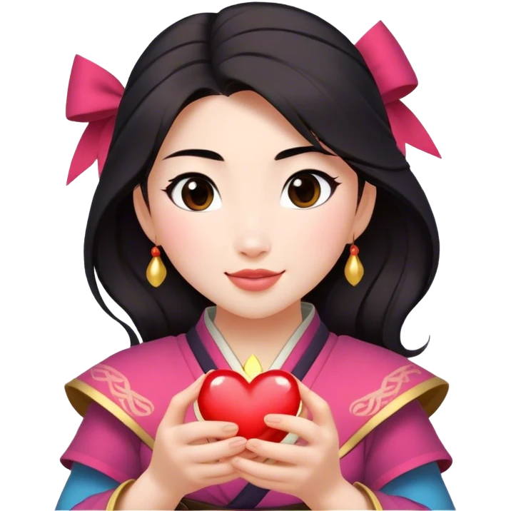 Cinematic Adorable Mulan Portrait Emoji, Playfully holding Cri-Kee in her hands, eyes sparkling with mischief, soft rosy cheeks, a warrior with a heart full of charm, radiant in the morning sunlight, glowing with warmth and joy! emoji